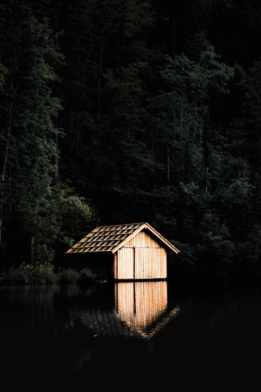 a boathouse sitting in the middle of a lake, by Matthias Weischer, in a dark forest low light, shack close up, sunlit, simple structure