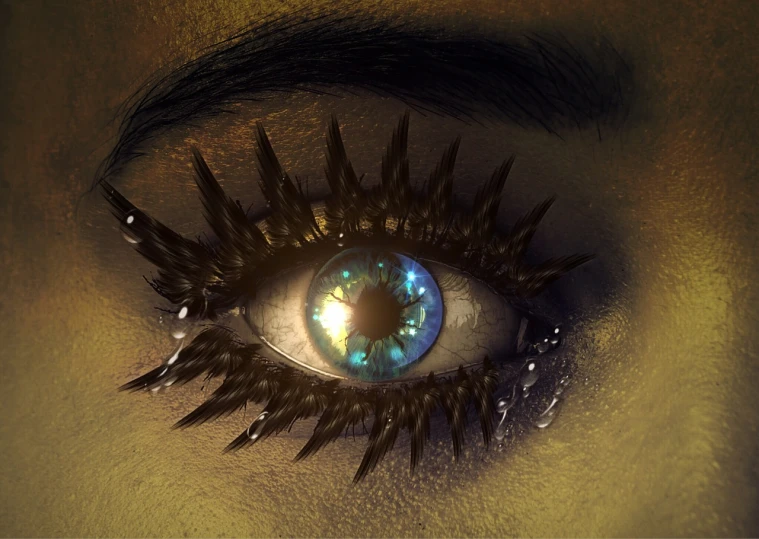 a close up of a person's eye with spiked lashes, digital art, inspired by Dino Valls, digital art, eyes). full body realistic, stunning screenshot, sadness look, bright piercing brown eyes