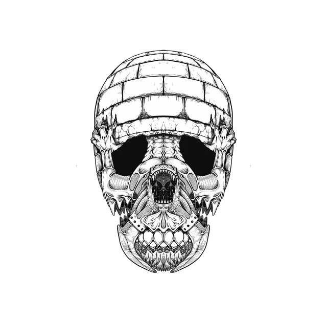 a black and white drawing of a human skull, a digital rendering, digital art, brick, mascot illustration, tactical, logo without text