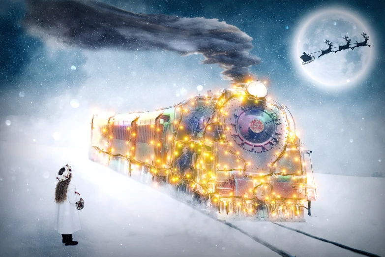 a man standing in front of a train covered in christmas lights, concept art, digital art, white steam on the side, north pole, key art, compositing