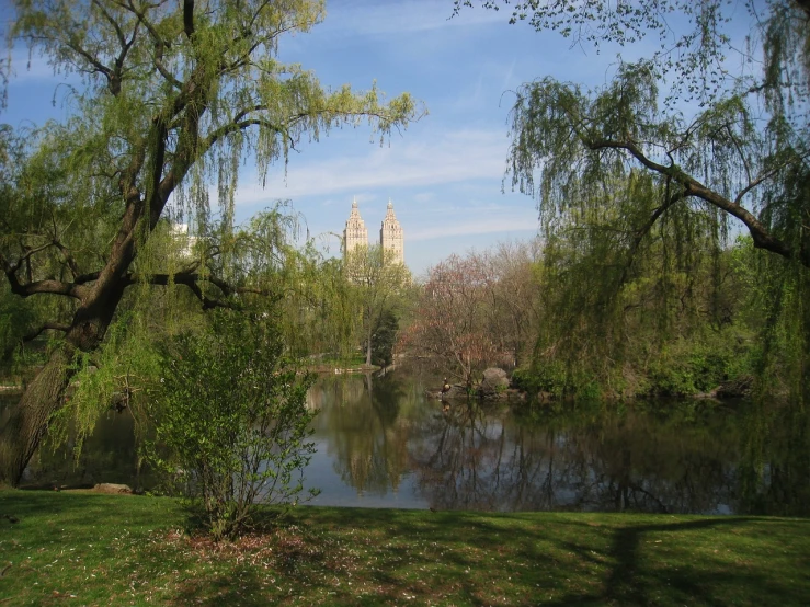 a large body of water surrounded by trees, by Susan Heidi, flickr, art nouveau, central park, tall spires, nice spring afternoon lighting, willows