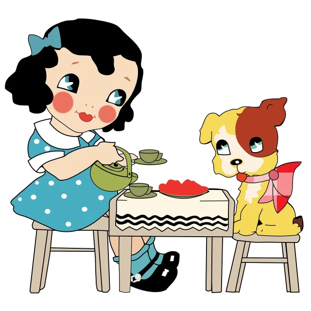 a little girl sitting at a table with a dog, an illustration of, retro 5 0 s style, tea ceremony scene, wikihow illustration