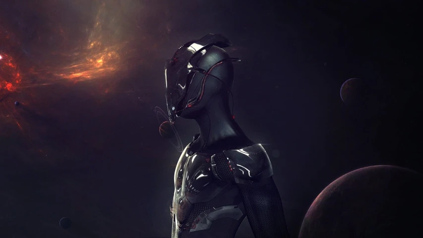 a woman in a space suit with planets in the background, cgsociety contest winner, afrofuturism, ray swanland, ultron, portrait of an android, depraved cybernetic demon