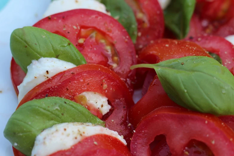 a white plate topped with sliced tomatoes and cheese, by Sam Dillemans, fresh basil, closeup - view, on a sunny day, spiraling