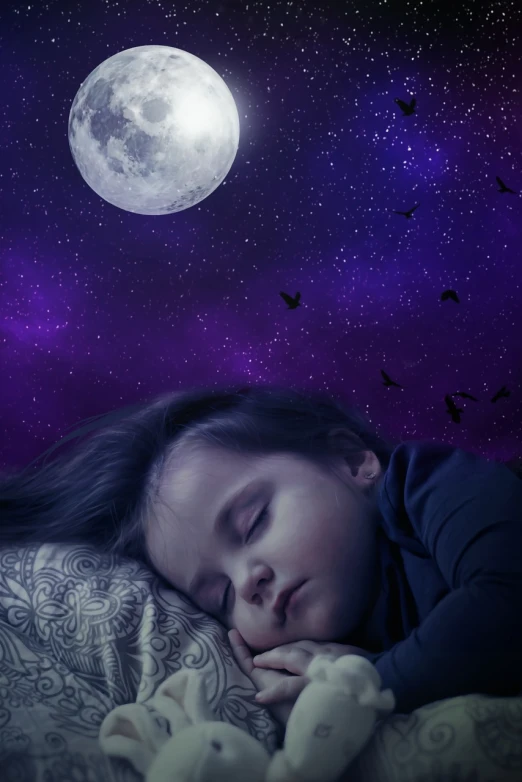 a young girl is sleeping under a full moon, digital art, inspired by Sophie Anderson, shutterstock, raven, little kid, closeup photo, purplish space in background