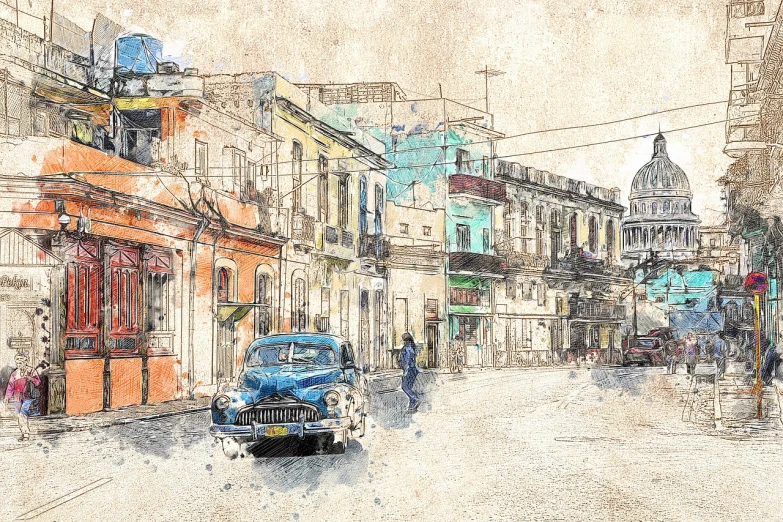 a painting of a blue car driving down a street, a watercolor painting, by Mario Dubsky, trending on pixabay, cuban setting, photograph of the city street, colored screentone, weathered drawing