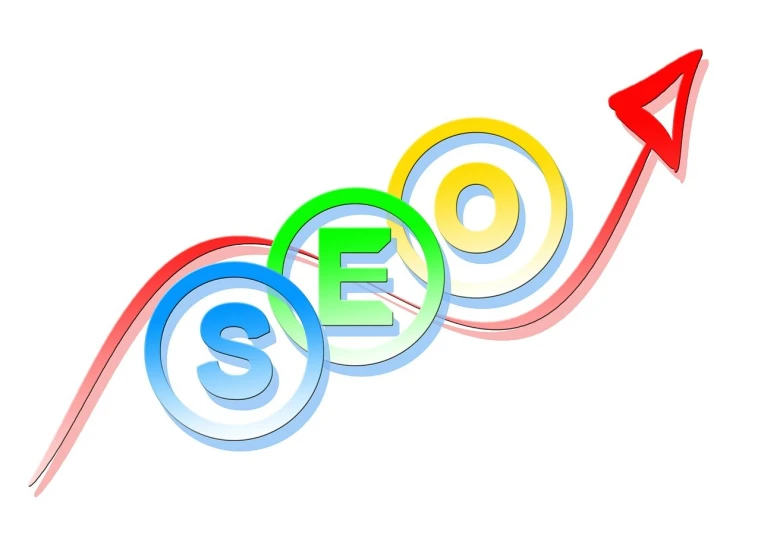 a red arrow pointing up to the word seo, trending on pixabay, multi colour, set against a white background, they might be crawling, pictogram