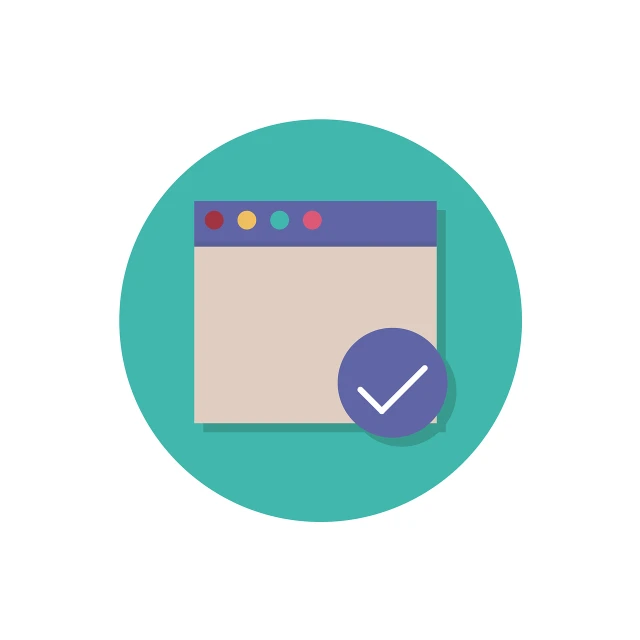 a computer screen with a check mark on it, figuration libre, flat color, a round minimalist behind, listing image, material design