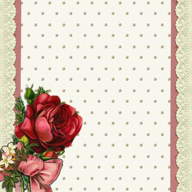 a red rose sitting on top of a white polka dot background, a digital rendering, inspired by Margaret Brundage, laces and ribbons, polka dot tables, decorated with flowers, cream paper