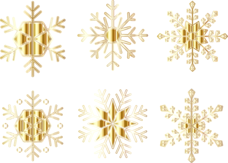 a collection of gold snowflakes on a black background, vector art, shutterstock, computer art, cel shaded vector art, parametric solid works, six sided, golden accessories