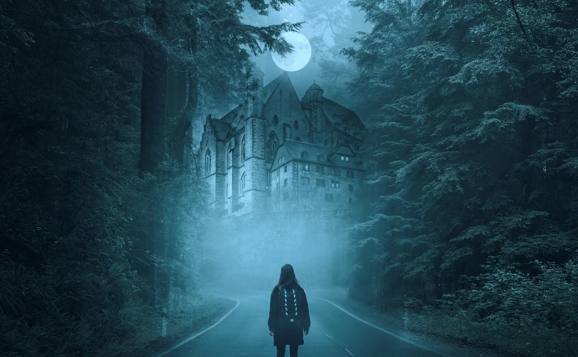 a person standing in the middle of a road with a castle in the background, inspired by Samuel Hieronymus Grimm, gothic art, an image of a moonlit forest, haunted gothic hotel, blue forest, eerie music