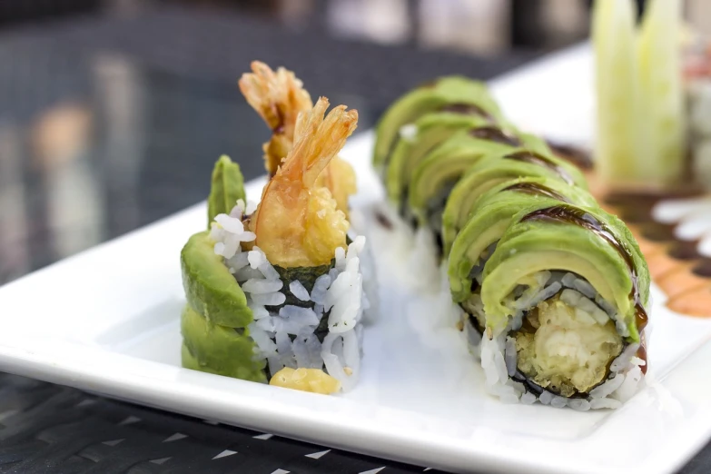 a close up of a plate of food on a table, inspired by Maki Haku, avacado dream, shrimp, westside, istock