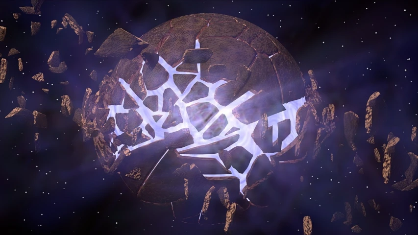 a group of people standing on top of a large rock, a low poly render, space art, dyson sphere in space, purple shattered paint!, exploitable image, cracked earth