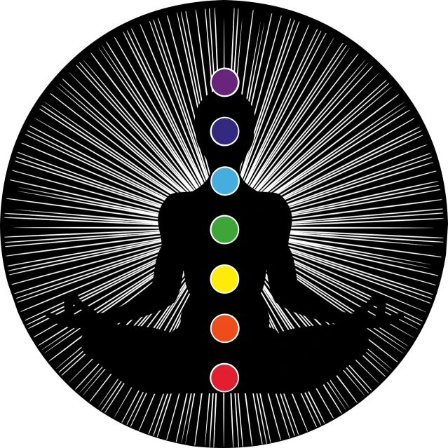a person sitting in a lotus position with seven chakras, an illustration of, by Leonard Bahr, shutterstock, the background is black, mystic illustration, stock photo