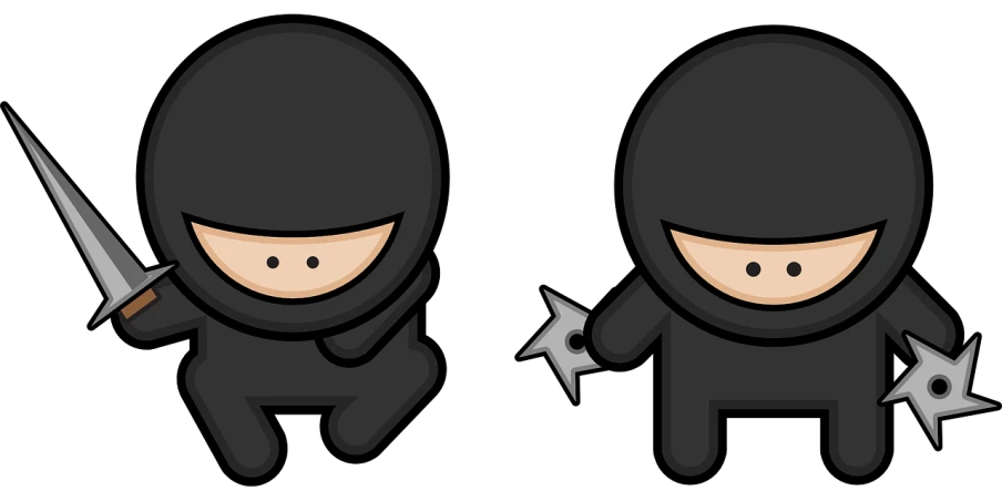 two ninjas with swords in their hands, vector art, deviantart, digital art, kawaii swat team, split screen, avoid duplicate images, wearing black tight clothing