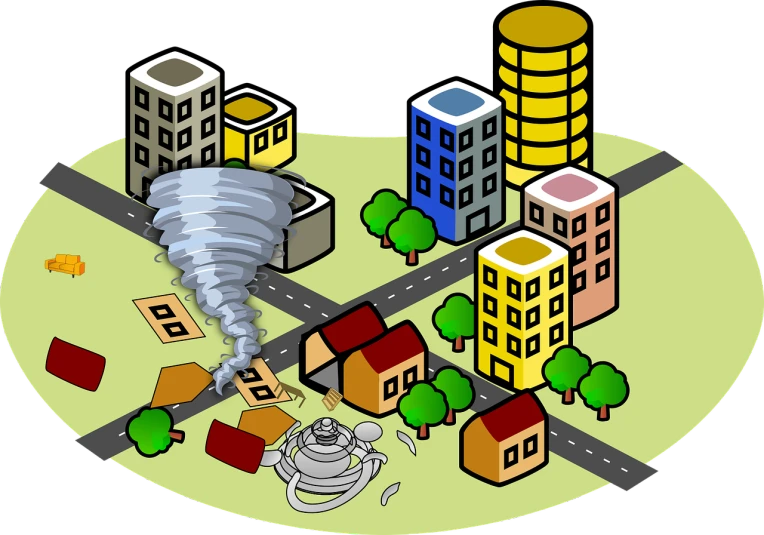 a picture of a city with a tornado coming out of it, an illustration of, isometric map, clipart, cone, complex scene