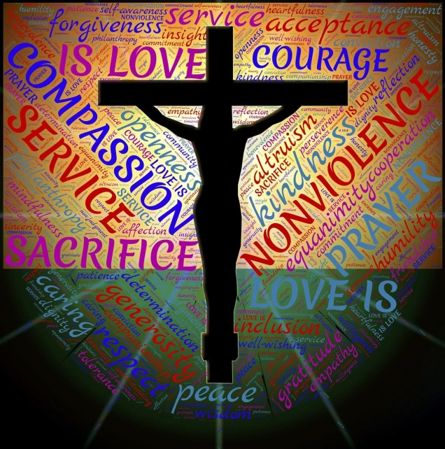 a silhouette of a person on a cross surrounded by words, a picture, by David Burton-Richardson, pixabay, sots art, love peace and unity, npc with a saint\'s halo, violence, colorful picture