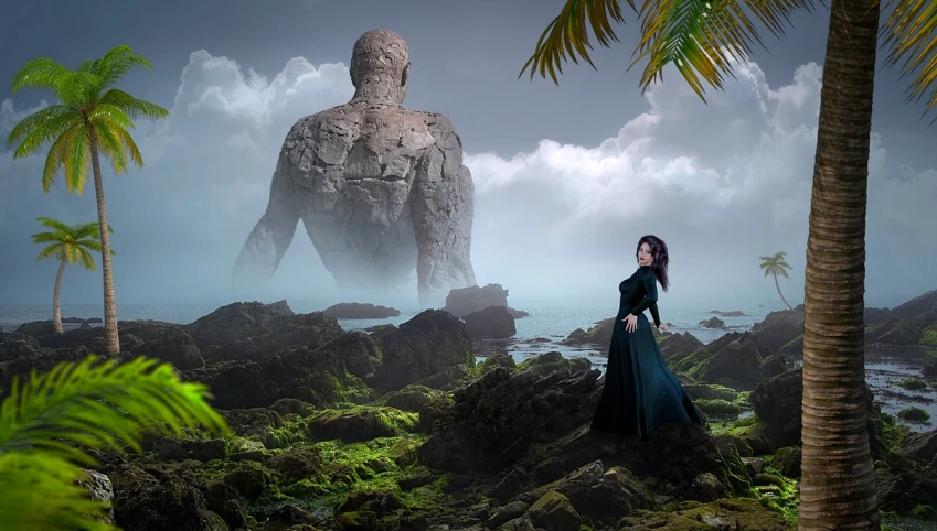 a woman standing on a rock in front of a statue, inspired by Arnold Böcklin, deviantart contest winner, mysterious island, giant frankenstein, standing near the beach, fantasy!!!