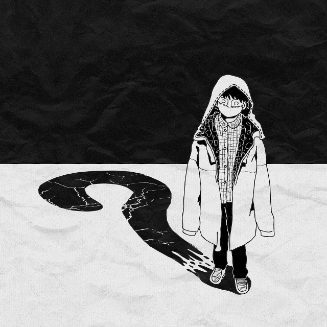 a black and white drawing of a person on a skateboard, an anime drawing, inspired by Edward Gorey, tumblr, backlit shot girl in parka, dark wallpaper, trend on behance illustration, sandworm