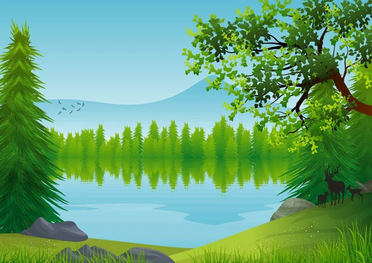 a view of a lake surrounded by trees, an illustration of, by karlkka, shutterstock, sharp high detail illustration, poster illustration, accurate illustration, a beautiful artwork illustration