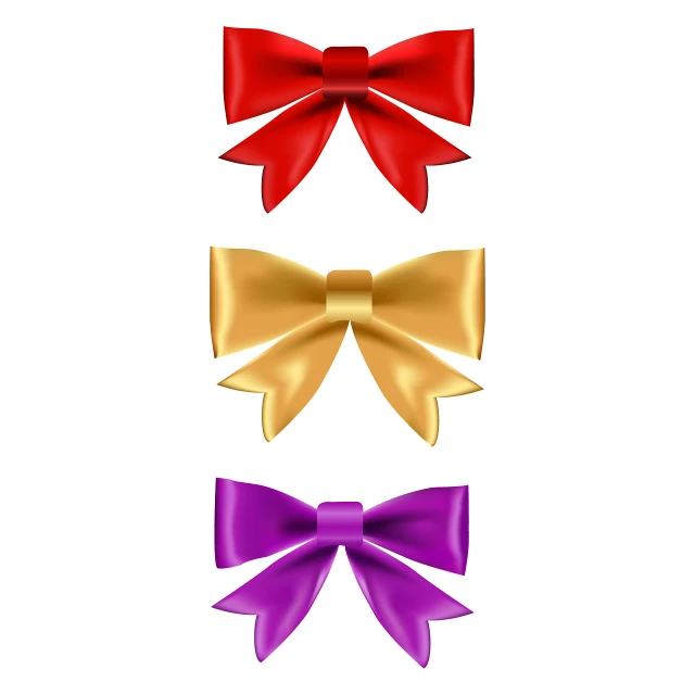 a set of three different colored bows on a white background, an illustration of, by Whitney Sherman, shiny metallic glossy skin, red and purple, shiny gold, view from bottom to top
