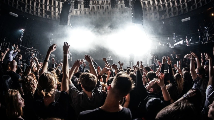 a crowd of people at a concert with their hands in the air, a picture, by Matija Jama, bauhaus, former gasometer in rome, high details!, patryk hardziej, advert