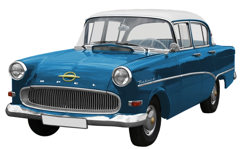 a blue and white car on a black background, a digital rendering, by Hans Fischer, trending on pixabay, photorealism, 1962 soviet, trident, on clear background, restored photo