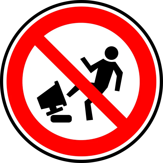 a red and white sign on a black background, a cartoon, by Andrei Kolkoutine, pixabay, computer art, man steal computers, important: no extra limbs, debris, people at work