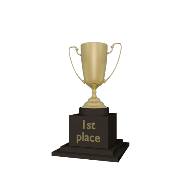 a gold trophy with the words 1st place on it, a raytraced image, by Thomas Dalziel, polycount contest winner, realism, low quality footage, with a black background, no words 4 k, on a flat color black background