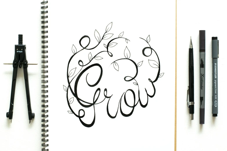 a notebook with a drawing of an elephant on it, an ink drawing, by Jaime Colson, process art, flowing lettering, plants growing, artistic drawing of a crow, vectorized logo style