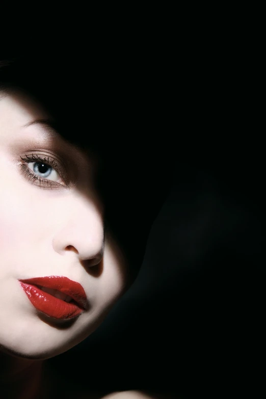 a woman wearing a black hat and red lipstick, a portrait, inspired by George Hurrell, promotional still wide angle, with pale skin, nose of angelina jolie, deep color
