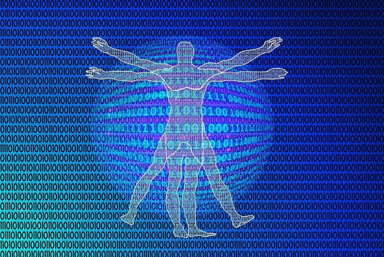 a man standing in front of a blue background, a hologram, by Alison Watt, pixabay, ascii art, human bodies intertwined, muscular!! sci-fi, in front of the internet, kundalini energy