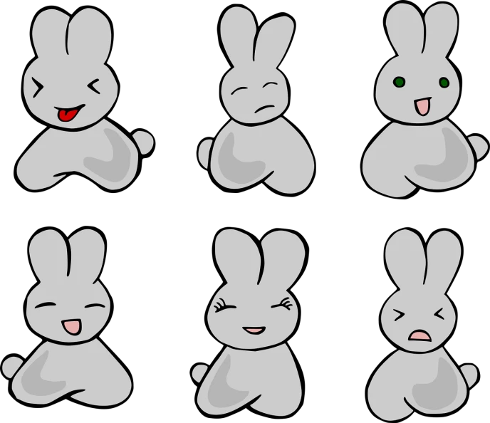 a set of cartoon rabbits with different expressions, a cartoon, inspired by Kanbun Master, trending on pixabay, mingei, the background is black, made out of shiny silver, wikihow illustration, sitting relax and happy