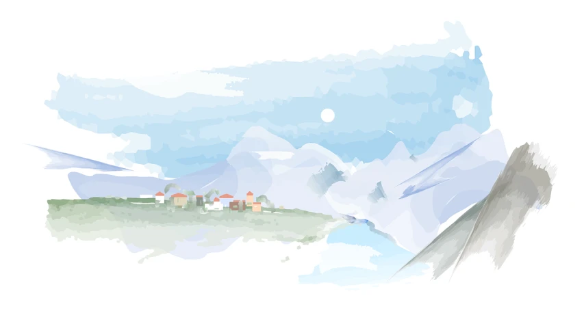 a painting of a small town in the mountains, a digital painting, color vector, snowy plains, white background, blurred and dreamy illustration