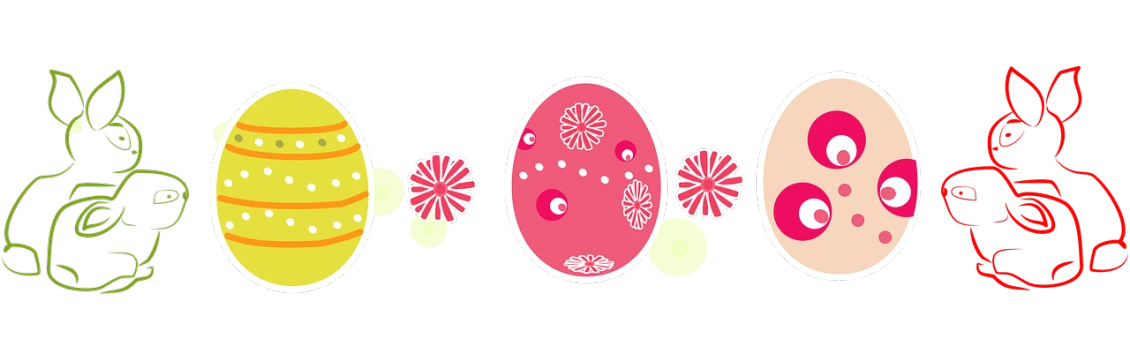 a group of easter eggs sitting next to each other, a digital rendering, inspired by Kagaku Murakami, sōsaku hanga, pink flower, black background!!!!!, jello, clipart