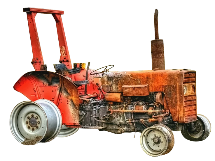 a close up of a tractor on a black background, by Arnie Swekel, pixabay contest winner, photorealism, aged and weathered, digitally painted, 8k h- 640, faded red and yelow