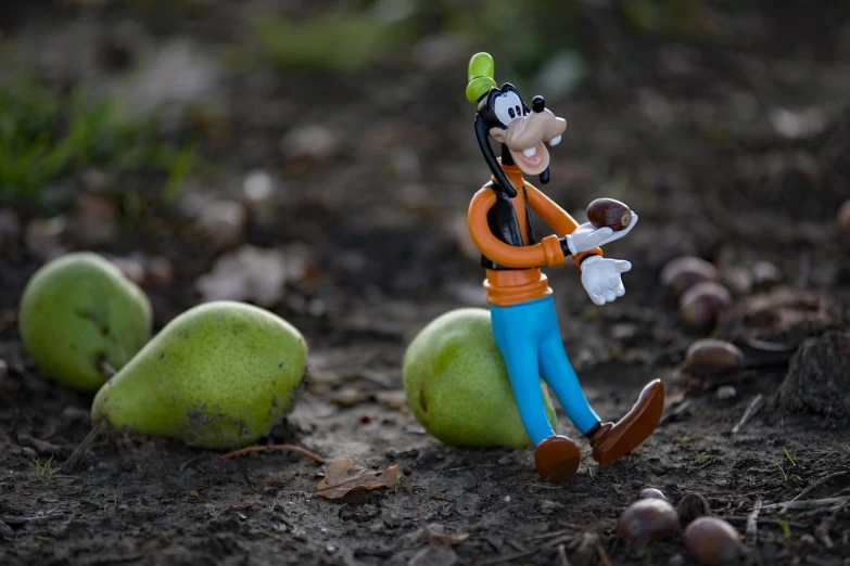 a figurine of goofy and some pears, inspired by Luigi Kasimir, figuration libre, on the field, photo shoot, november, professional foto