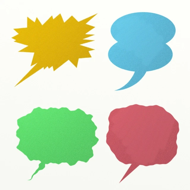 four different colored speech bubbles on a white background, inspired by Masamitsu Ōta, pop art, product introduction photo, cel-shading style, paper grain, flash photo