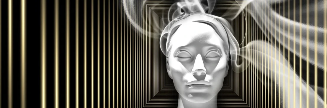 a white statue with smoke coming out of it, digital art, trending on pixabay, digital art, op art brain, female facial structure, max headroom, theater mask