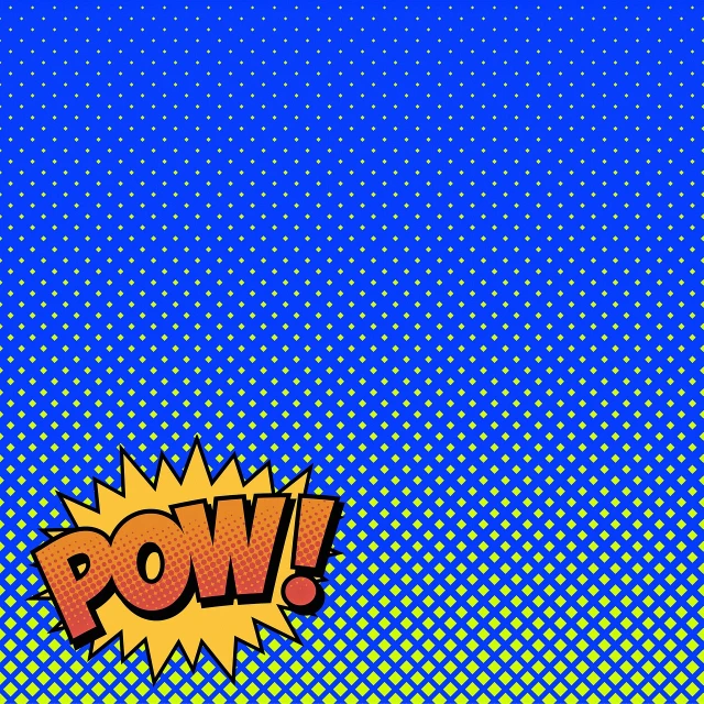 a comic book cover with the word pow on it, a comic book panel, inspired by Lichtenstein, pexels, blue and yellow gradient, halftone dots, amazing blue background theme, photo studio background