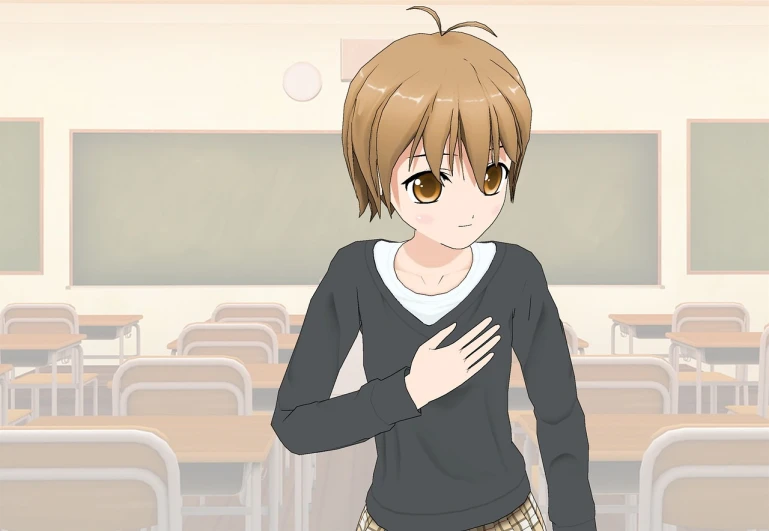 a woman standing in front of a classroom full of desks, inspired by Yuki Ogura, pixiv, shin hanga, short light brown hair, he is greeting you warmly, crying and reaching with her arm, cloth sim