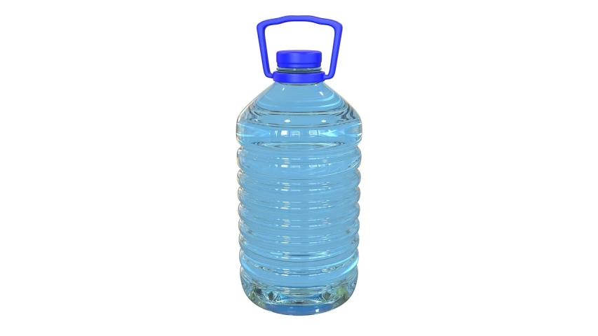 a bottle of water on a white background, a digital rendering, shutterstock, plasticien, 4l, sky blue, (38 years old), round head