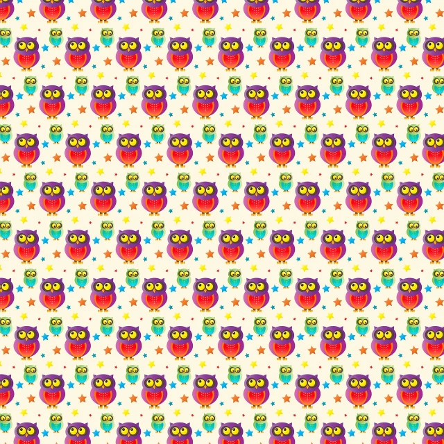 a pattern of colorful owls on a white background, by Ivana Kobilca, process art, tiny stars, 2 0 5 6 x 2 0 5 6, some red and purple and yellow, phone wallpaper