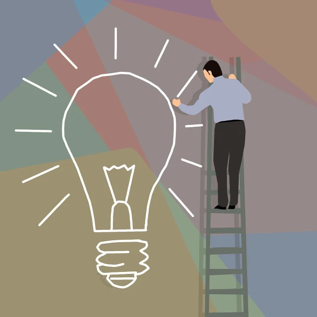 a man standing on a ladder next to a light bulb, concept art, stylized bold outline, painting illustration, focus illustration, business