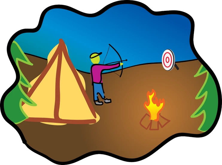 a man shooting a bow at a campfire, an illustration of, pixabay, sots art, tent camp in foreground, harry volk clip art style, marker”, beaching