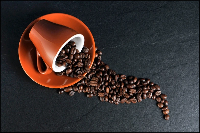 a cup with coffee beans spilling out of it, by Bernard D’Andrea, pexels, hyperrealism, black and orange colour palette, computer - generated, coffee cups, android coffee shop