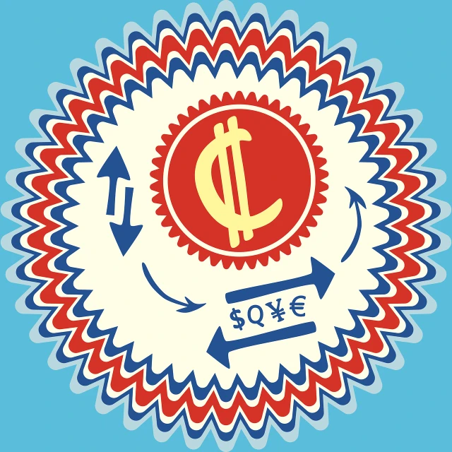 a sticker with a dollar sign on it, inspired by Slava Raškaj, conceptual art, radial symmetry, red and blue color scheme, carousel, shepard fairey