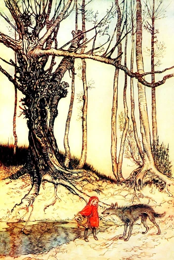 a painting of a little girl walking a dog in the woods, a storybook illustration, inspired by charles vess, geof darrow art, butress tree roots, dressed in a beautiful red cloak, 1970'