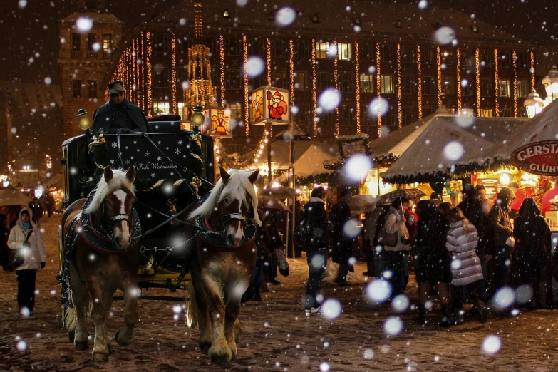 a group of people standing around a horse drawn carriage, a photo, by Aleksander Gierymski, shutterstock, snowfall at night, market setting, square, wallpaper - 1 0 2 4