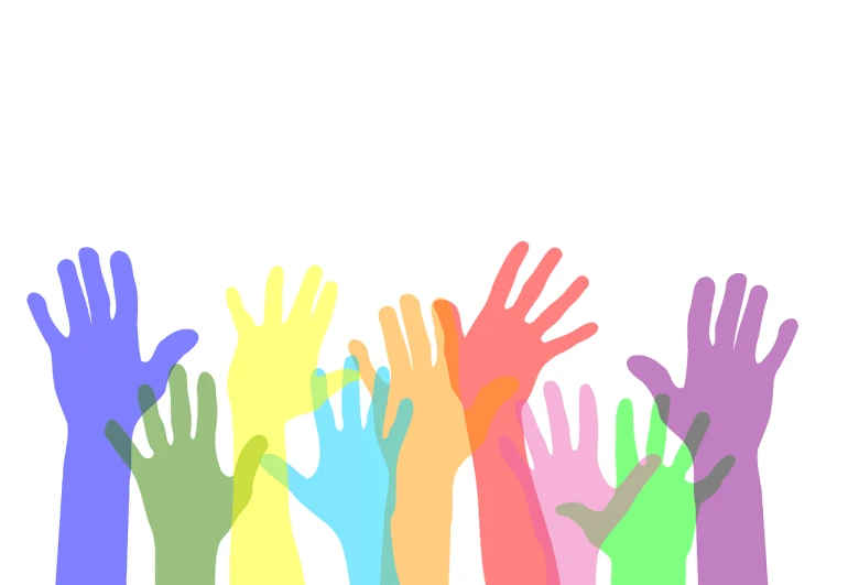 a group of people raising their hands in the air, an illustration of, shutterstock, colorful acrylic, white background!!!!!!!!!!, resources background, clean cel shaded